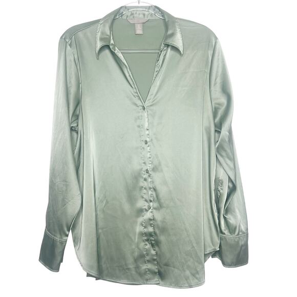 H&M Long Sleeve Satin Button Up Shirt Relaxed Fit V-Neck Sage Green Womens Sz L - Picture 5 of 10